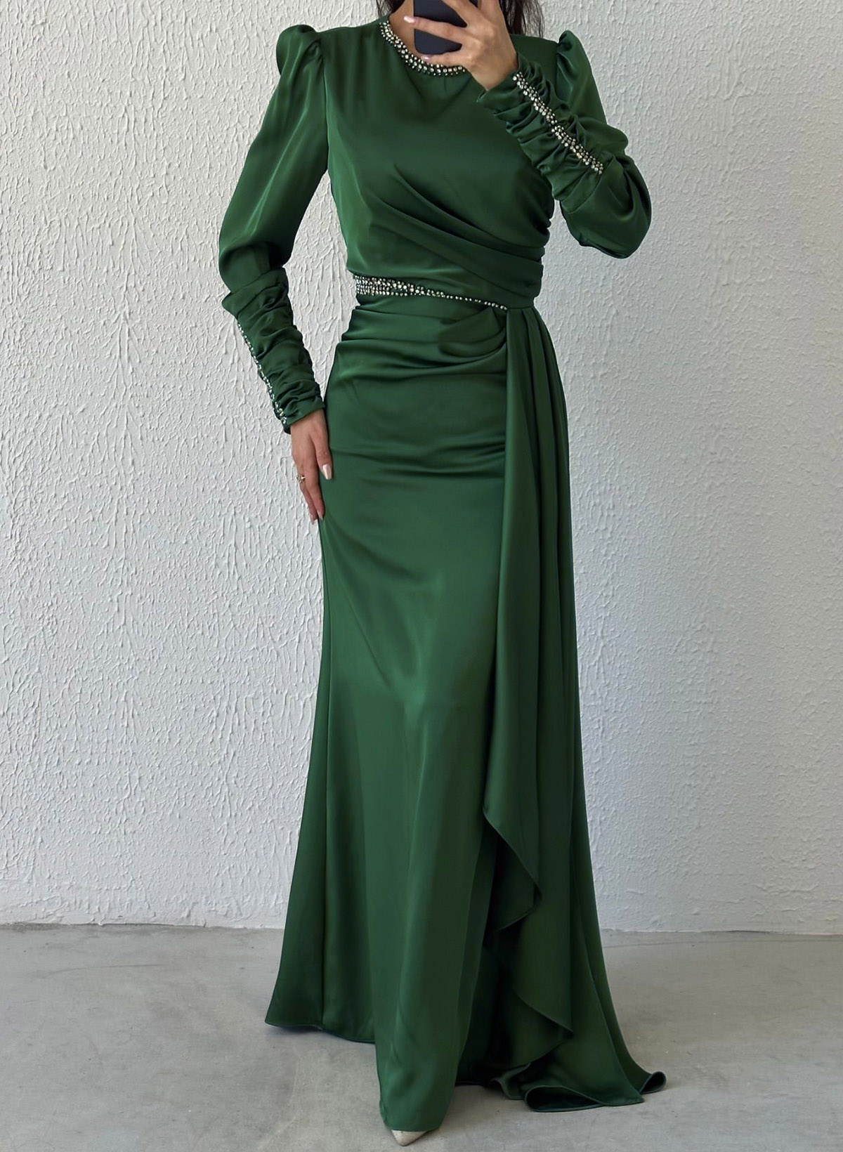 Flattering Long Lantern Sleeves Silk Like Satin Evening Dresses With Sweeping Side Drape