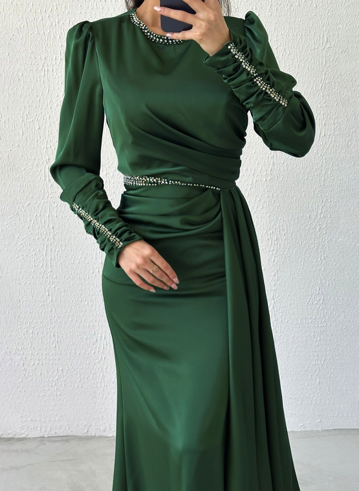 Flattering Long Lantern Sleeves Silk Like Satin Evening Dresses With Sweeping Side Drape