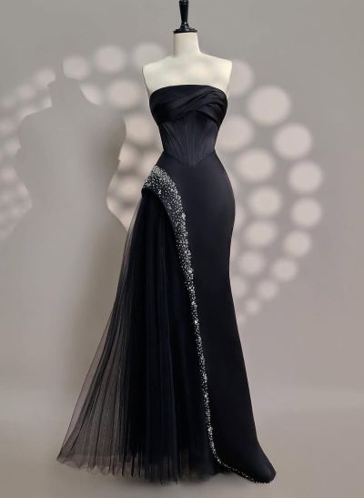 Luxury Straight Across Neckline Corset Satin/Tulle Evening Dresses With Sequins