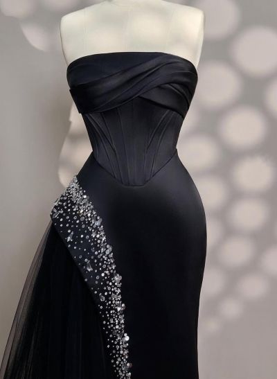 Luxury Straight Across Neckline Corset Matte Satin/Tulle Evening Dresses With Sequins Luxury Straight Across Neckline Corset Matte Satin/Tulle Evening Dresses With Sequins