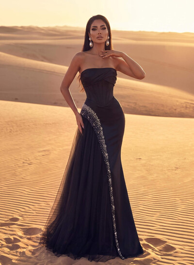Luxury Straight Across Neckline Corset Matte Satin/Tulle Evening Dresses With Sequins