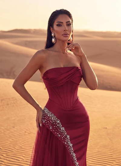 Luxury Straight Across Neckline Corset Matte Satin/Tulle Evening Dresses With Sequins