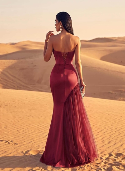 Luxury Straight Across Neckline Corset Matte Satin/Tulle Evening Dresses With Sequins