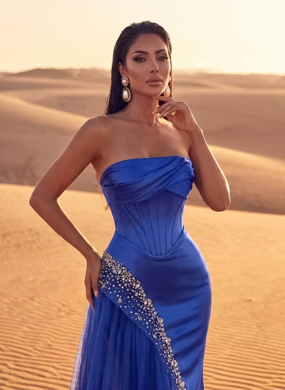 Luxury Straight Across Neckline Corset Matte Satin/Tulle Evening Dresses With Sequins