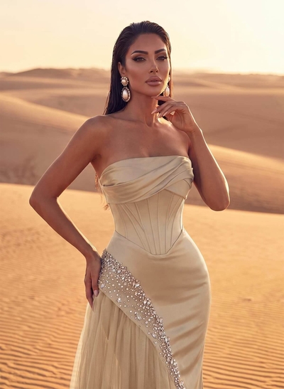 Luxury Straight Across Neckline Corset Matte Satin/Tulle Evening Dresses With Sequins