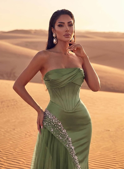 Luxury Straight Across Neckline Corset Matte Satin/Tulle Evening Dresses With Sequins