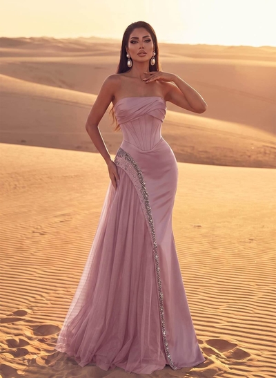 Luxury Straight Across Neckline Corset Matte Satin/Tulle Evening Dresses With Sequins