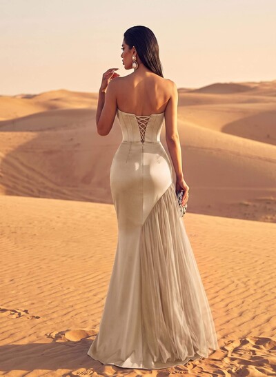 Luxury Straight Across Neckline Corset Matte Satin/Tulle Evening Dresses With Sequins