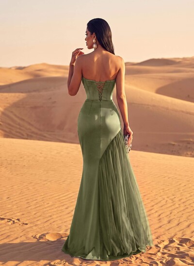 Luxury Straight Across Neckline Corset Matte Satin/Tulle Evening Dresses With Sequins