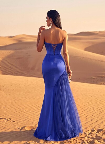Luxury Straight Across Neckline Corset Matte Satin/Tulle Evening Dresses With Sequins