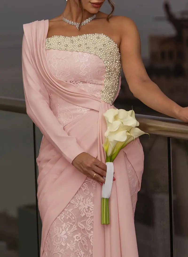 Luxury Beading One-Shoulder Long Sleeves Lace Evening Dresses With Sweeping  Side Drape - Missacc UK