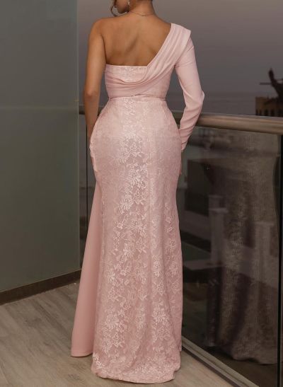 Luxury Beading One-Shoulder Long Sleeves Lace Evening Dresses With Sweeping Side Drape