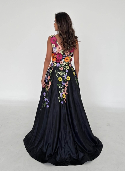 Unique V-Neck Regular Straps Appliques Lace A-Line Satin Evening Dresses