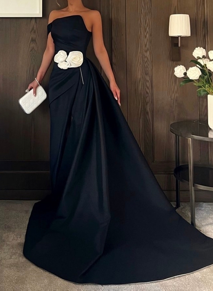 Elegant Asymmetrical Flower(s) Sweeping Side Drape Satin Evening Dresses