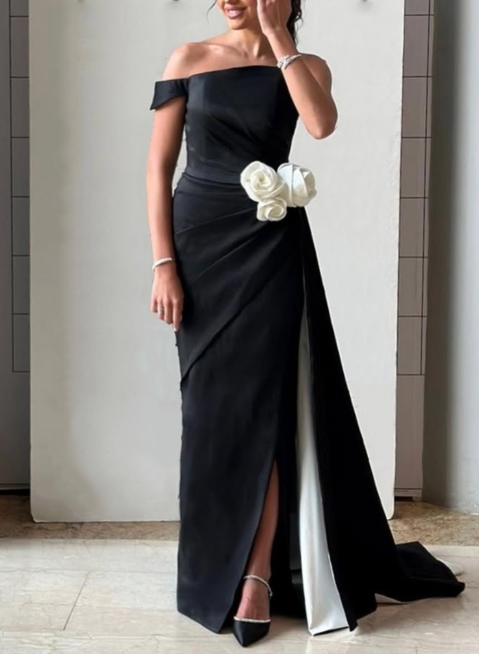 Elegant Asymmetrical Flower(s) Sweeping Side Drape Satin Evening Dresses