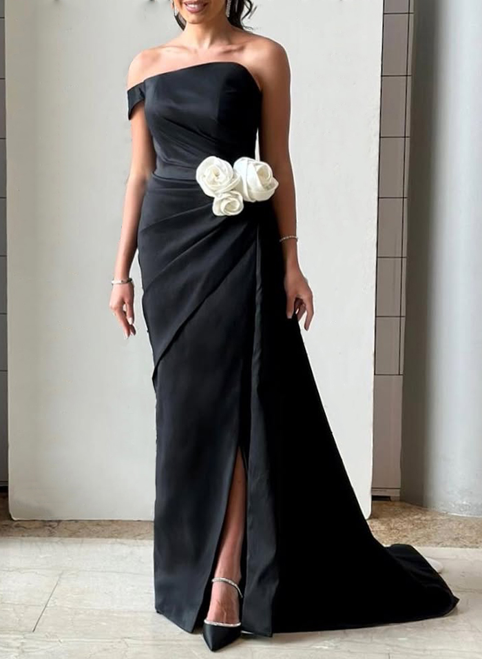 Elegant Asymmetrical Flower(s) Sweeping Side Drape Satin Evening Dresses