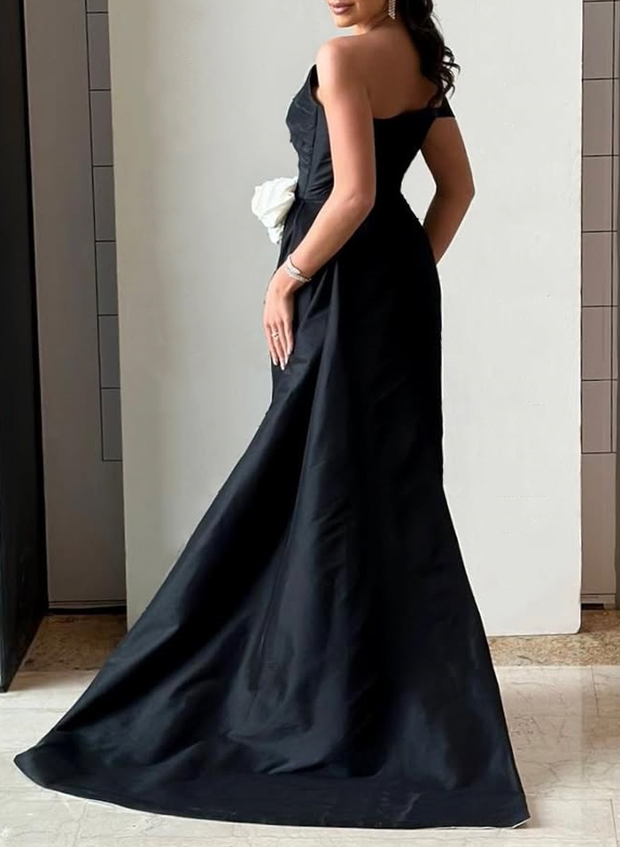 Elegant Asymmetrical Flower(s) Sweeping Side Drape Satin Evening Dresses