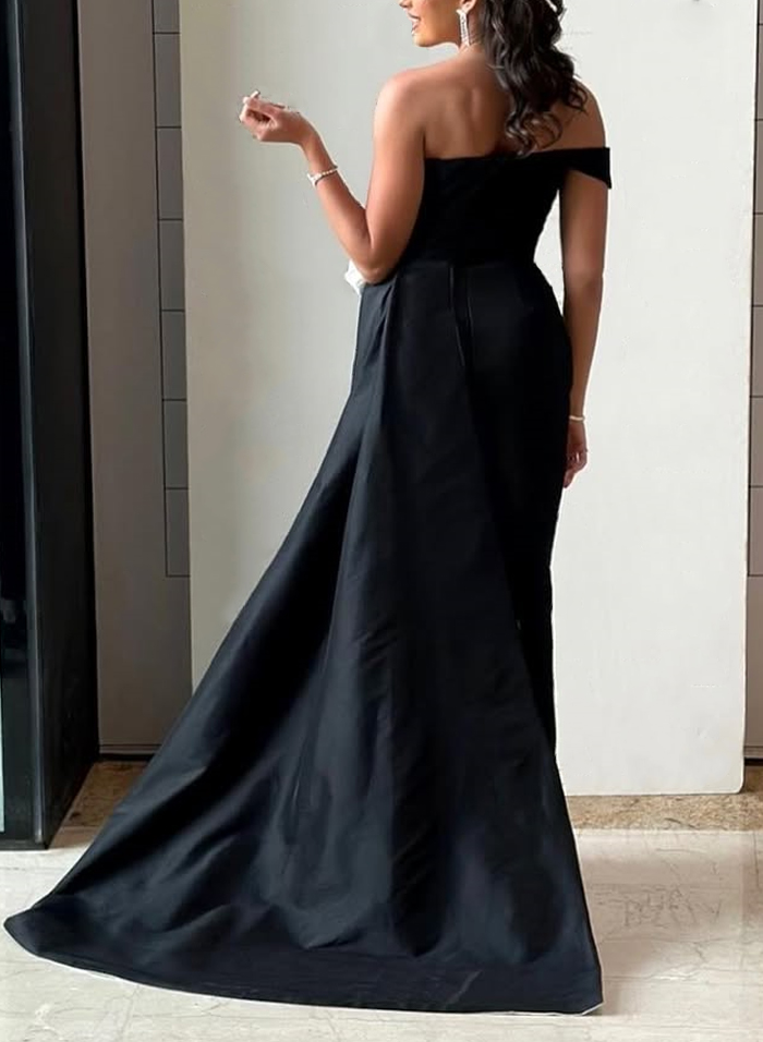 Elegant Asymmetrical Flower(s) Sweeping Side Drape Satin Evening Dresses