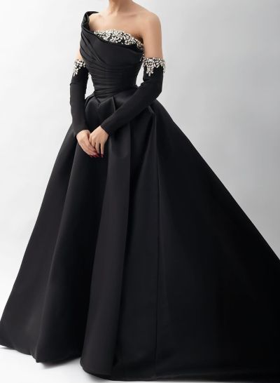 Elegant Pleated One-Shoulder Rhinestone Beading Detachable Sleeves A-Line Satin Evening Dresses