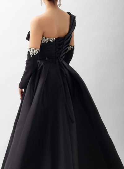 Elegant Pleated One-Shoulder Rhinestone Beading Detachable Sleeves A-Line Satin Evening Dresses