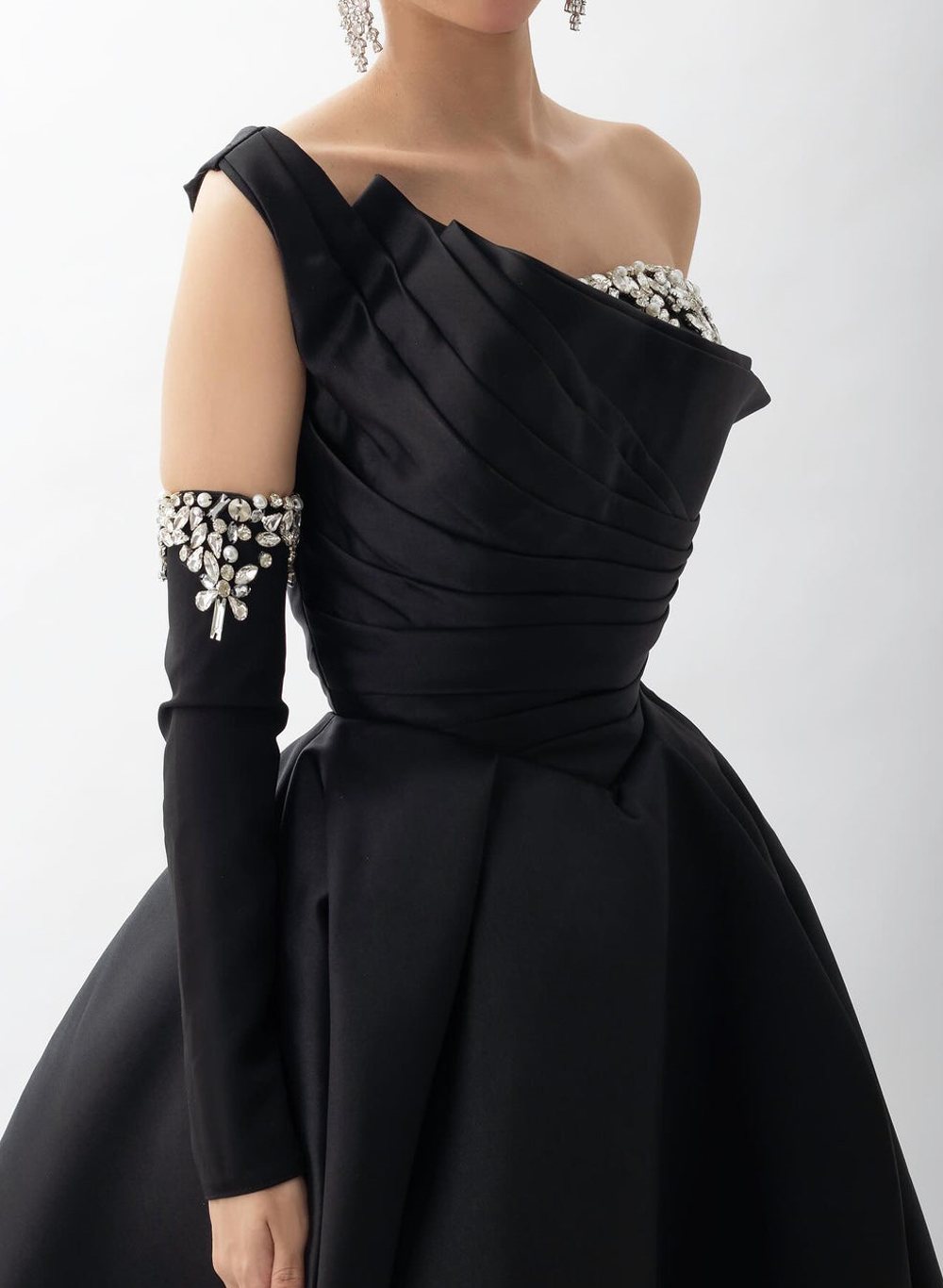 Elegant Pleated One-Shoulder Rhinestone Beading Detachable Sleeves A-Line Satin Evening Dresses