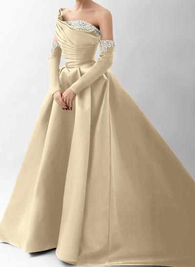 Elegant Pleated One-Shoulder Rhinestone Beading Detachable Sleeves A-Line Satin Evening Dresses