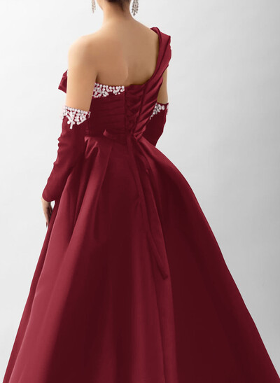 Elegant Pleated One-Shoulder Rhinestone Beading Detachable Sleeves A-Line Satin Evening Dresses