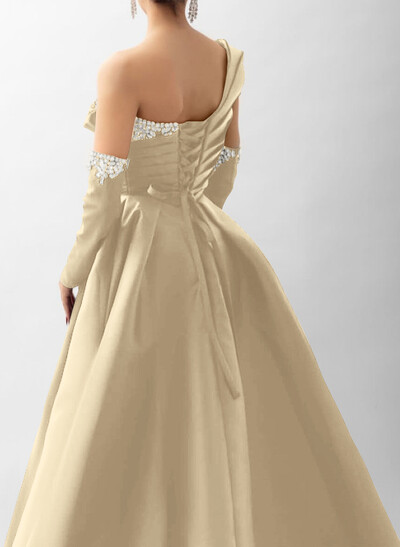 Elegant Pleated One-Shoulder Rhinestone Beading Detachable Sleeves A-Line Satin Evening Dresses