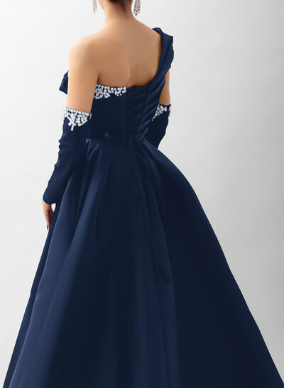 Elegant Pleated One-Shoulder Rhinestone Beading Detachable Sleeves A-Line Satin Evening Dresses