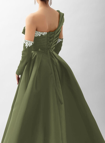 Elegant Pleated One-Shoulder Rhinestone Beading Detachable Sleeves A-Line Satin Evening Dresses
