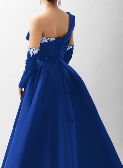 Elegant Pleated One-Shoulder Rhinestone Beading Detachable Sleeves A-Line Satin Evening Dresses