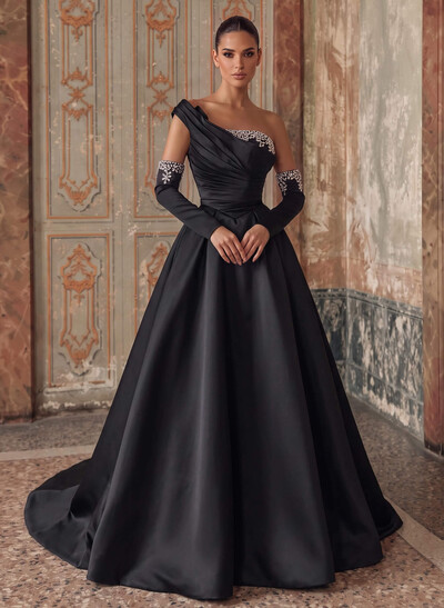 Elegant Pleated One-Shoulder Rhinestone Beading Detachable Sleeves A-Line Satin Evening Dresses