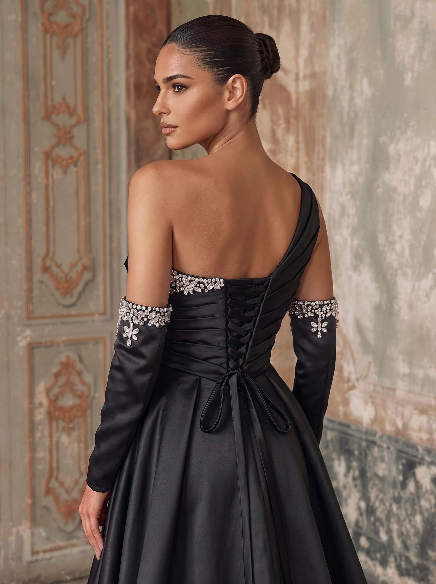 Elegant Pleated One-Shoulder Rhinestone Beading Detachable Sleeves A-Line Satin Evening Dresses Elegant Pleated One-Shoulder Rhinestone Beading Detachable Sleeves A-Line Satin Evening Dresses