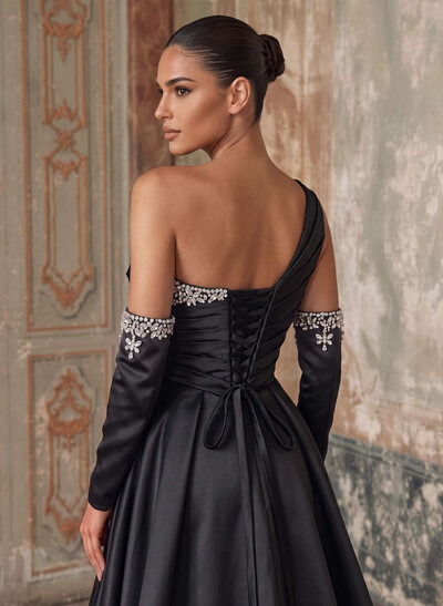 Elegant Pleated One-Shoulder Rhinestone Beading Detachable Sleeves A-Line Satin Evening Dresses