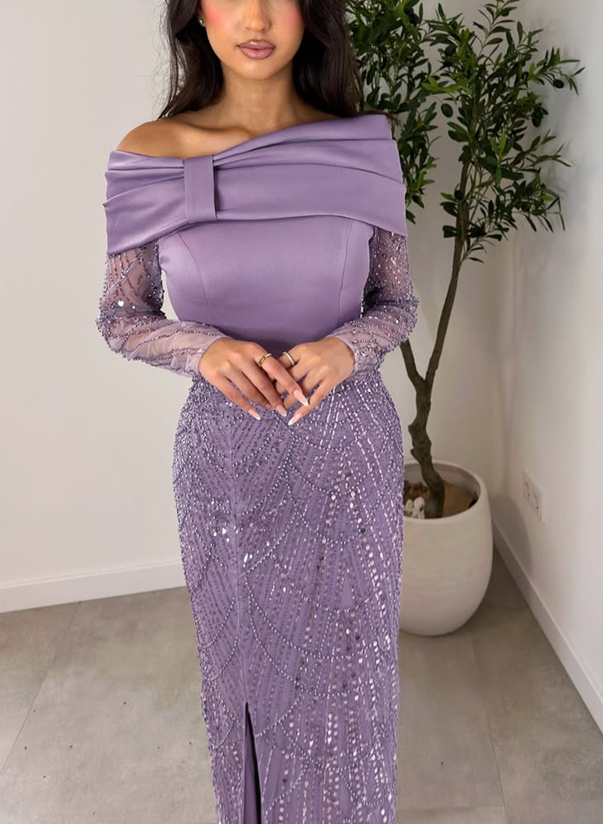 Sparkle Wrap Off-The-Shoulder Satin Evening Dresses With Sweeping Side Drape