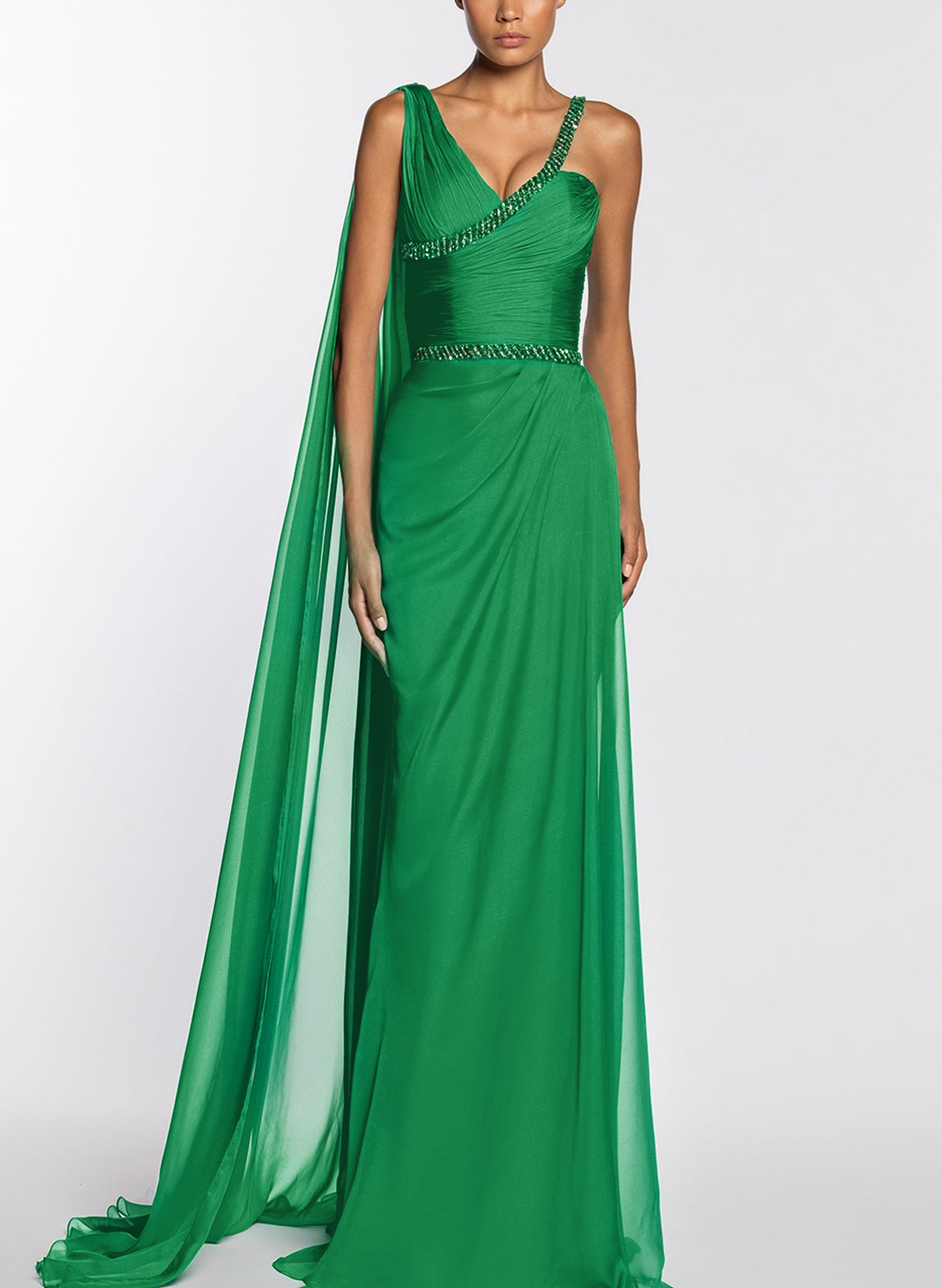 Classic Sleeveless 30D Chiffon Evening Dresses With Sweeping Side Drape