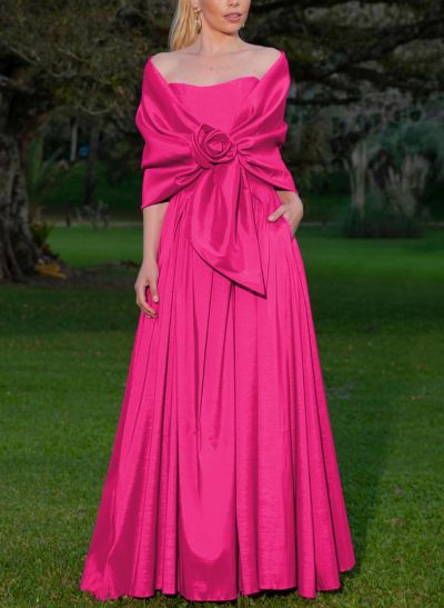 Elegant A-Line Strapless Satin Evening Dresses With Floral Accented Wrap