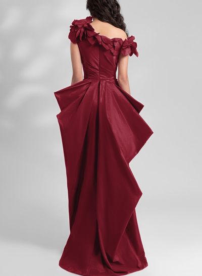 Exquisite Floral Accented Asymmetrical Satin Evening Dresses With High Split