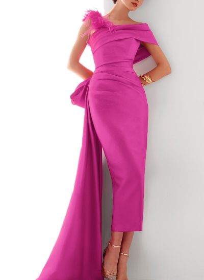 Unique Feather Trimmed Asymmetrical Elastic Satin Evening Dresses With Sweeping Side Drape