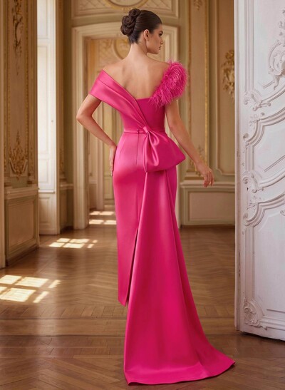 Unique Feather Trimmed Asymmetrical Satin Evening Dresses With Sweeping Side Drape