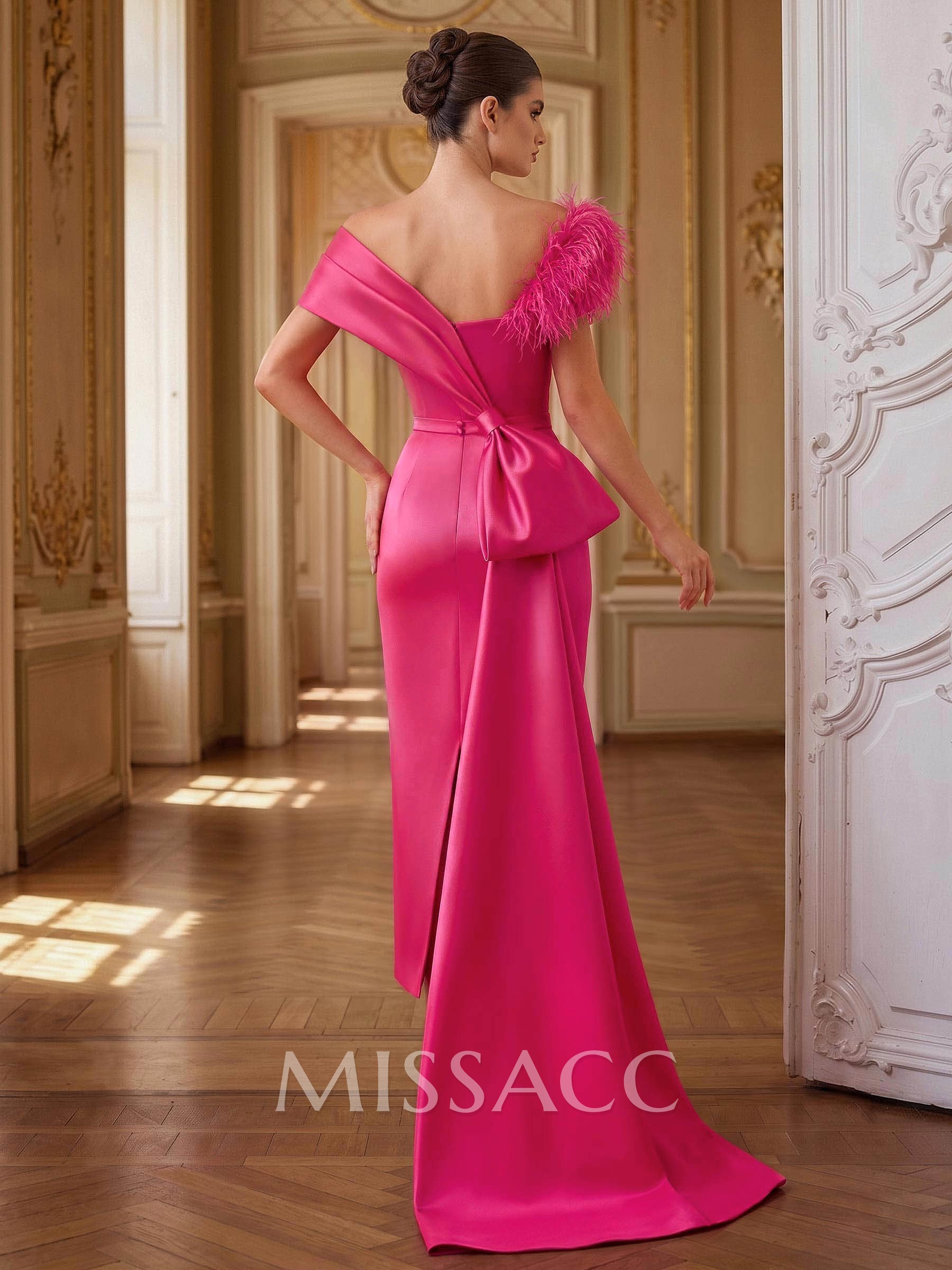 Unique Feather Trimmed Asymmetrical Satin Evening Dresses With Sweeping Side Drape Unique Feather Trimmed Asymmetrical Satin Evening Dresses With Sweeping Side Drape