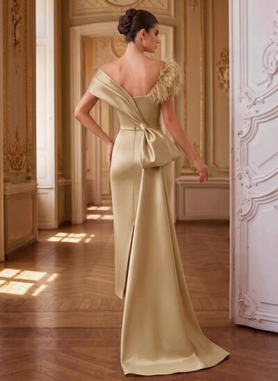 Unique Feather Trimmed Asymmetrical Satin Evening Dresses With Sweeping Side Drape
