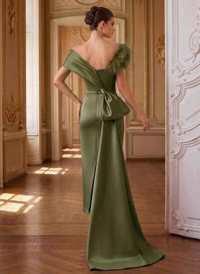 Unique Feather Trimmed Asymmetrical Satin Evening Dresses With Sweeping Side Drape