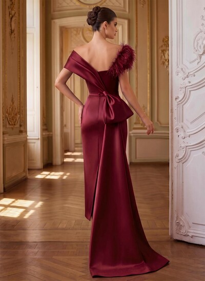 Unique Feather Trimmed Asymmetrical Satin Evening Dresses With Sweeping Side Drape