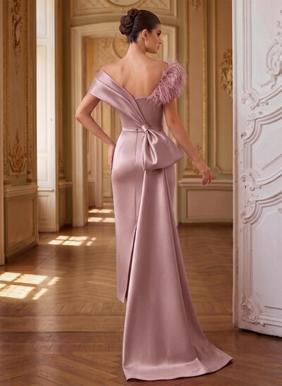 Unique Feather Trimmed Asymmetrical Satin Evening Dresses With Sweeping Side Drape