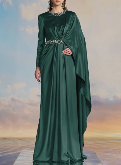 Luxury Scoop Neck Cape-Sleeve Silk Like Satin Evening Dresses With Sweeping Side Drape