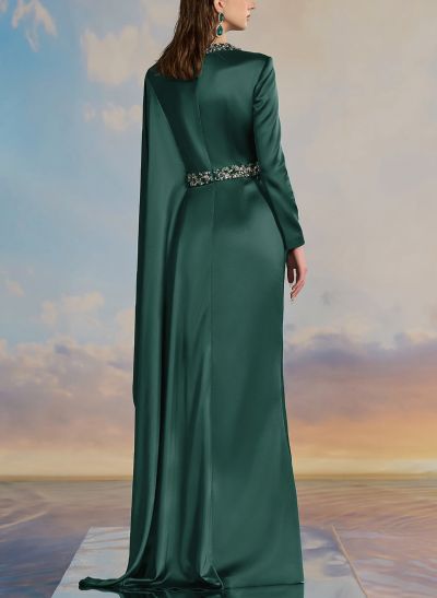 Luxury Scoop Neck Cape-Sleeve Silk Like Satin Evening Dresses With Sweeping Side Drape