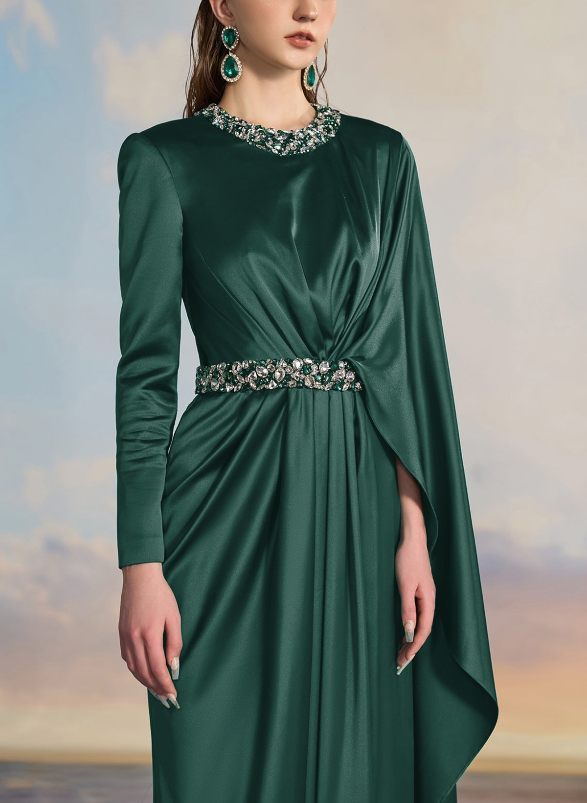 Luxury Scoop Neck Cape-Sleeve Silk Like Satin Evening Dresses With Sweeping Side Drape