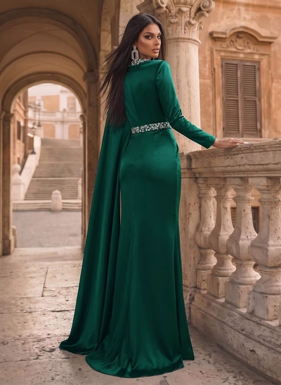 Luxury Scoop Neck Cape-Sleeve Silk Like Satin Evening Dresses With Sweeping Side Drape