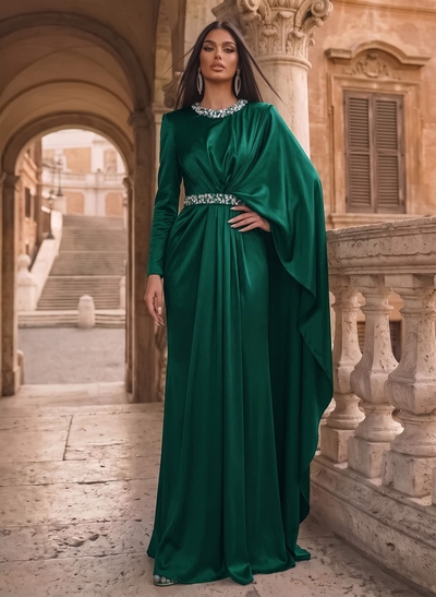 Luxury Scoop Neck Cape-Sleeve Silk Like Satin Evening Dresses With Sweeping Side Drape